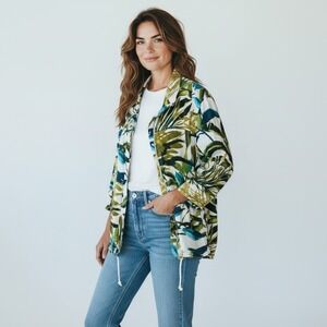 Chicos Linen Blend Floral Print Jacket Women Size 3 Tropical Leaf